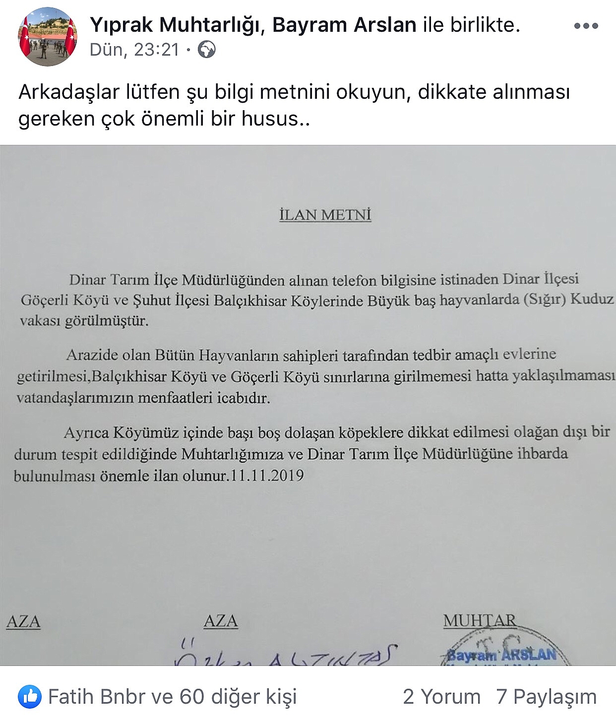 Dinar ve Şuhut köylerinde KUDUZ Vakası