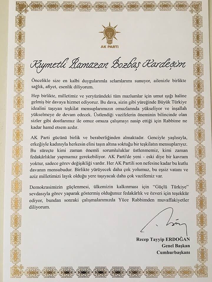 Cumhurbaşkanımız Erdoğan'dan Ramazan Bozbaş'a Teşekkür
