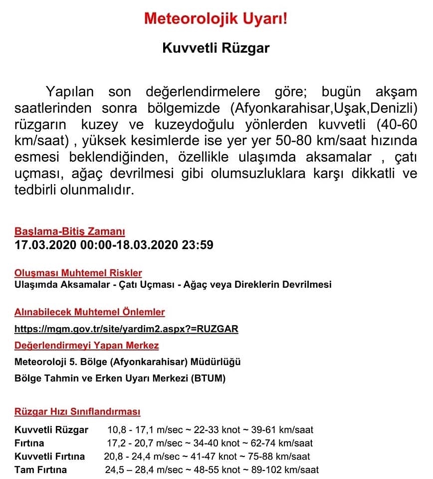 METEOROLOJİK UYARI ! KUVVETLİ RÜZGAR