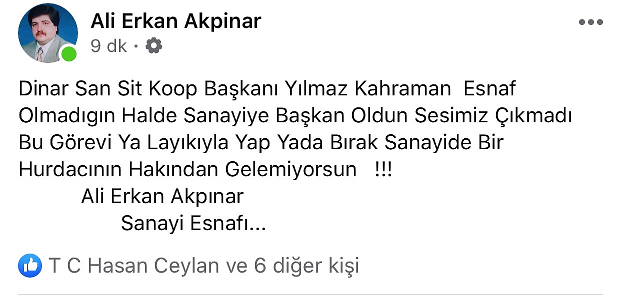 Ali Akpınar, Koop. Başkan'ı Kahraman'a Tepki Gösterdi