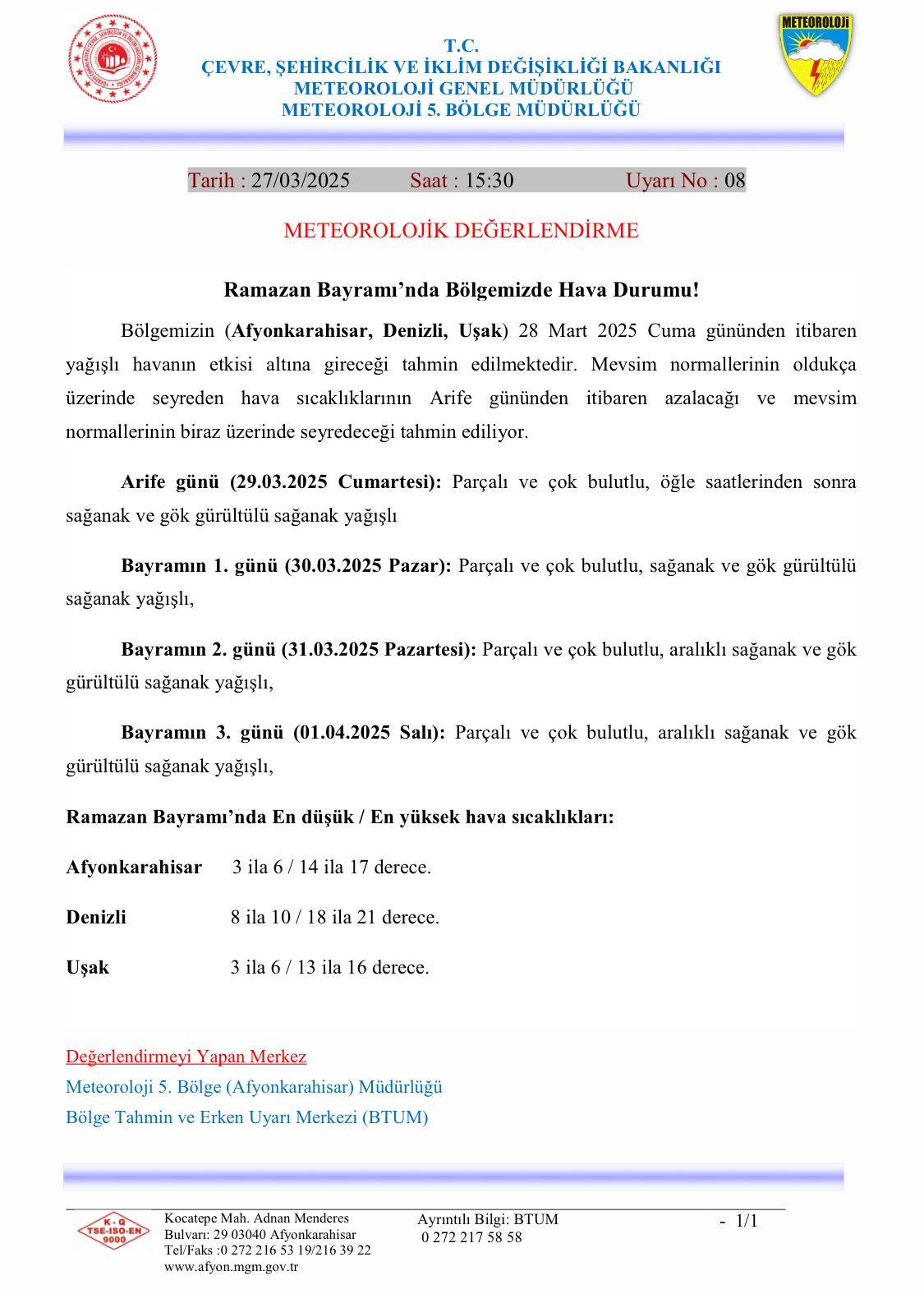 Ramazan Bayramı’nda Yağışlı Hava Etkili Olacak!