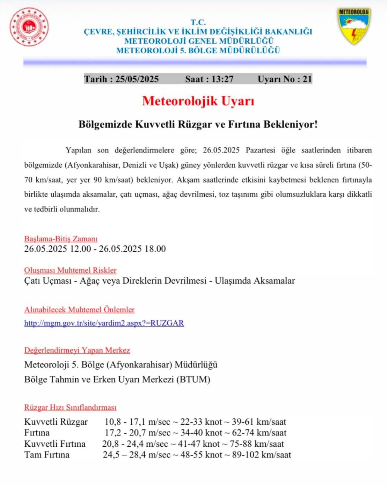 Afyon, Denizli ve Uşak’ta Kuvvetli Rüzgar ve Fırtına Uyarısı! 