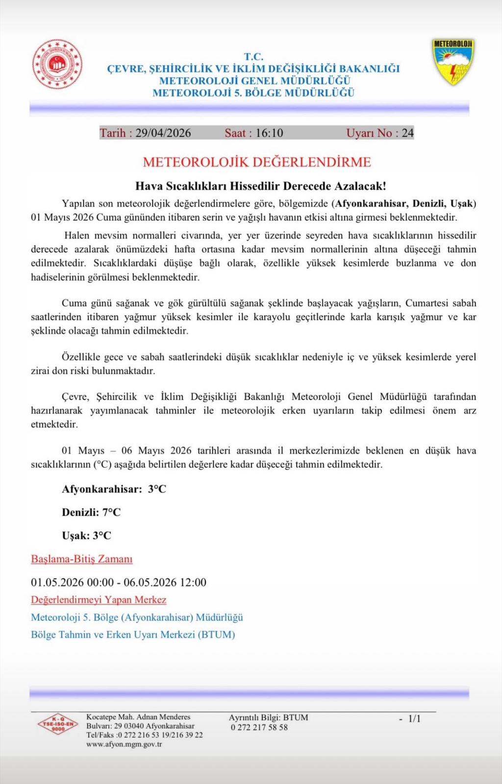 Meteoroloji’den Uyarı: Afyonkarahisar, Denizli ve Uşak’ta Sıcaklıklar Düşüyor ️