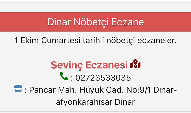 Dinar Nöbetçi Eczane Sevinç Eczanesi