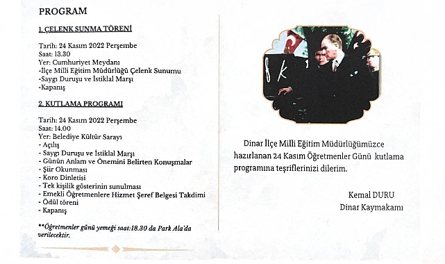 Dinar Kaymakamı Kemal Duru'nun 24 Kasım Öğretmenler Günü Mesajı