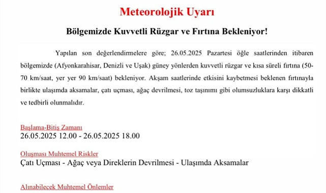 Afyon, Denizli ve Uşak’ta Kuvvetli Rüzgar ve Fırtına Uyarısı! 
