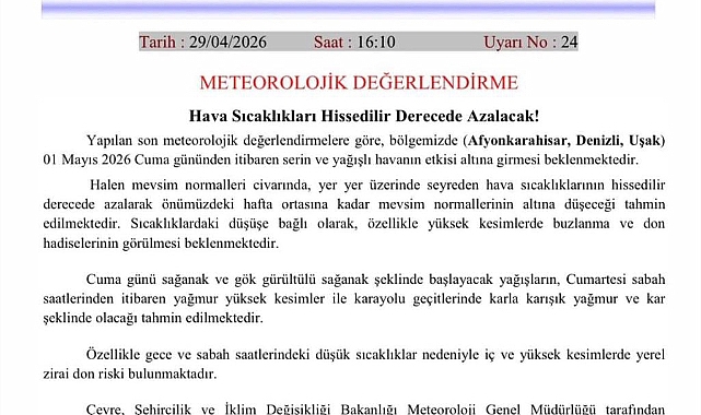 Meteoroloji’den Uyarı: Afyonkarahisar, Denizli ve Uşak’ta Sıcaklıklar Düşüyor ️
